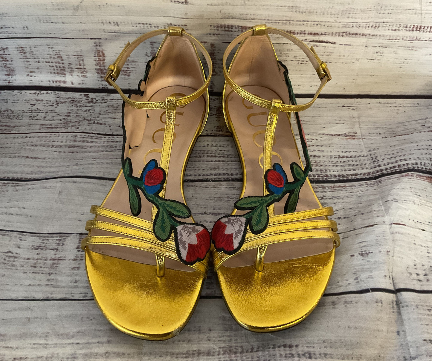 Gucci Leather Ophelia Floral Embroidered Flat Sandals Gold 6