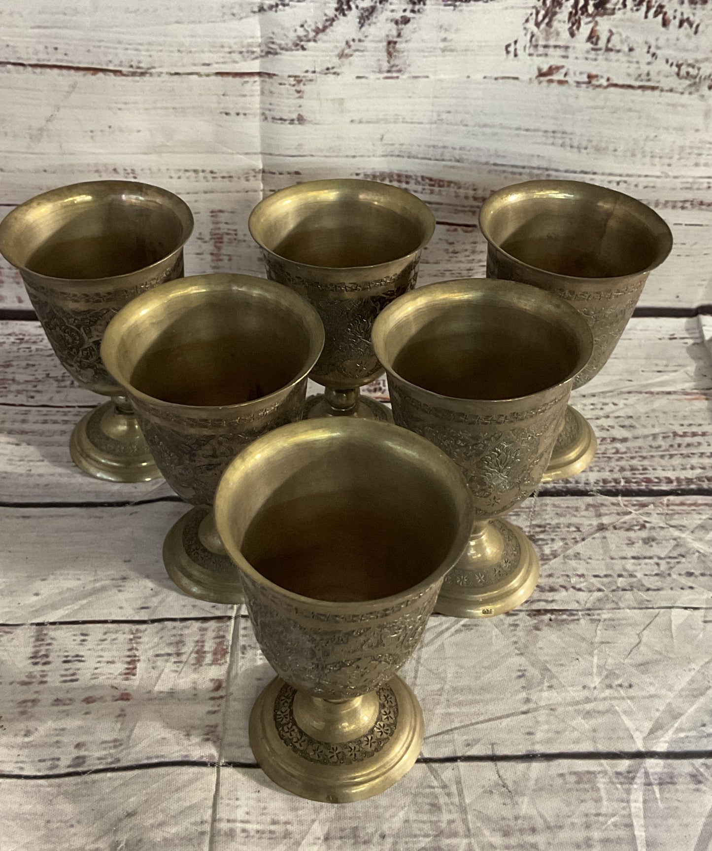 Vintage Etched Floral Cocktail Shaker & Cups Bar Set Tin