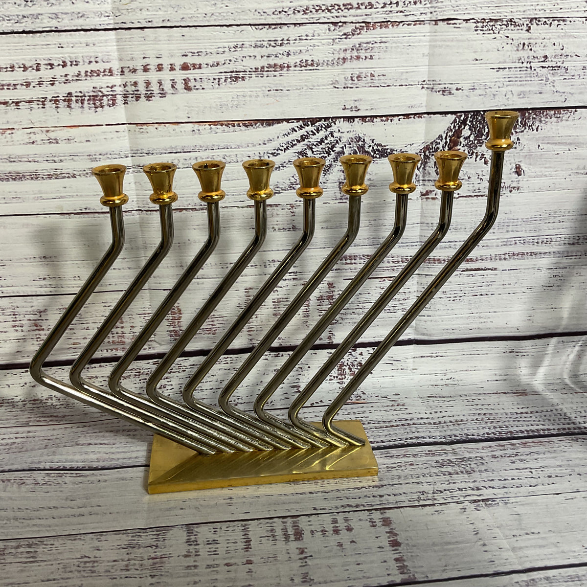 VTG. Mid Century KARSHI 24K Gold Plated and Stainless Steel Menorah- 8" x 9.5"