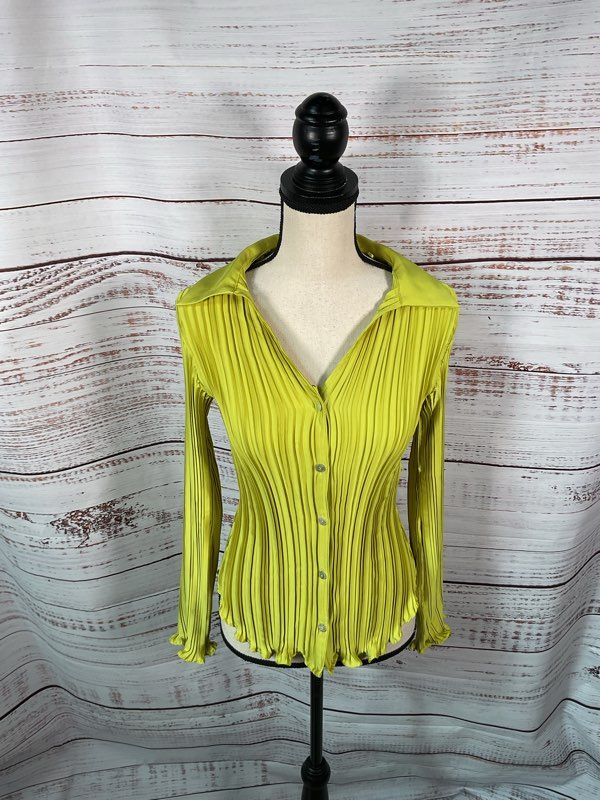 MNG By MANGO Women's Lime Button Up Shirred Long Sleeve Shirt Size 4