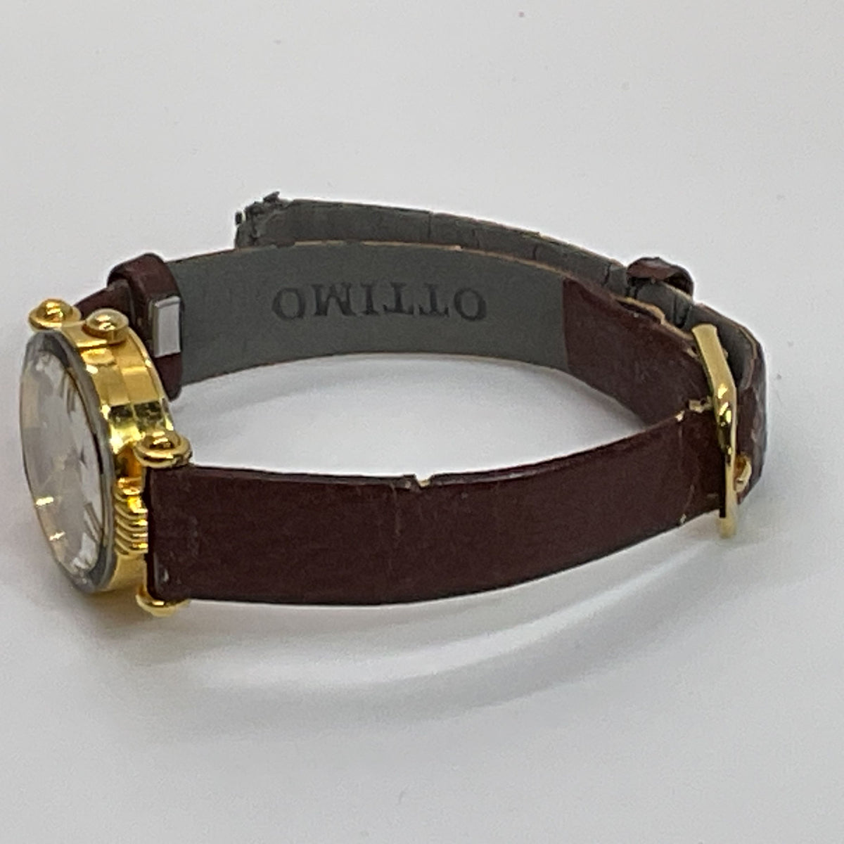 VTG. OTTIMO 18K Plated Ladies Watch with Brown Leather Band- NEEDS BATTERY