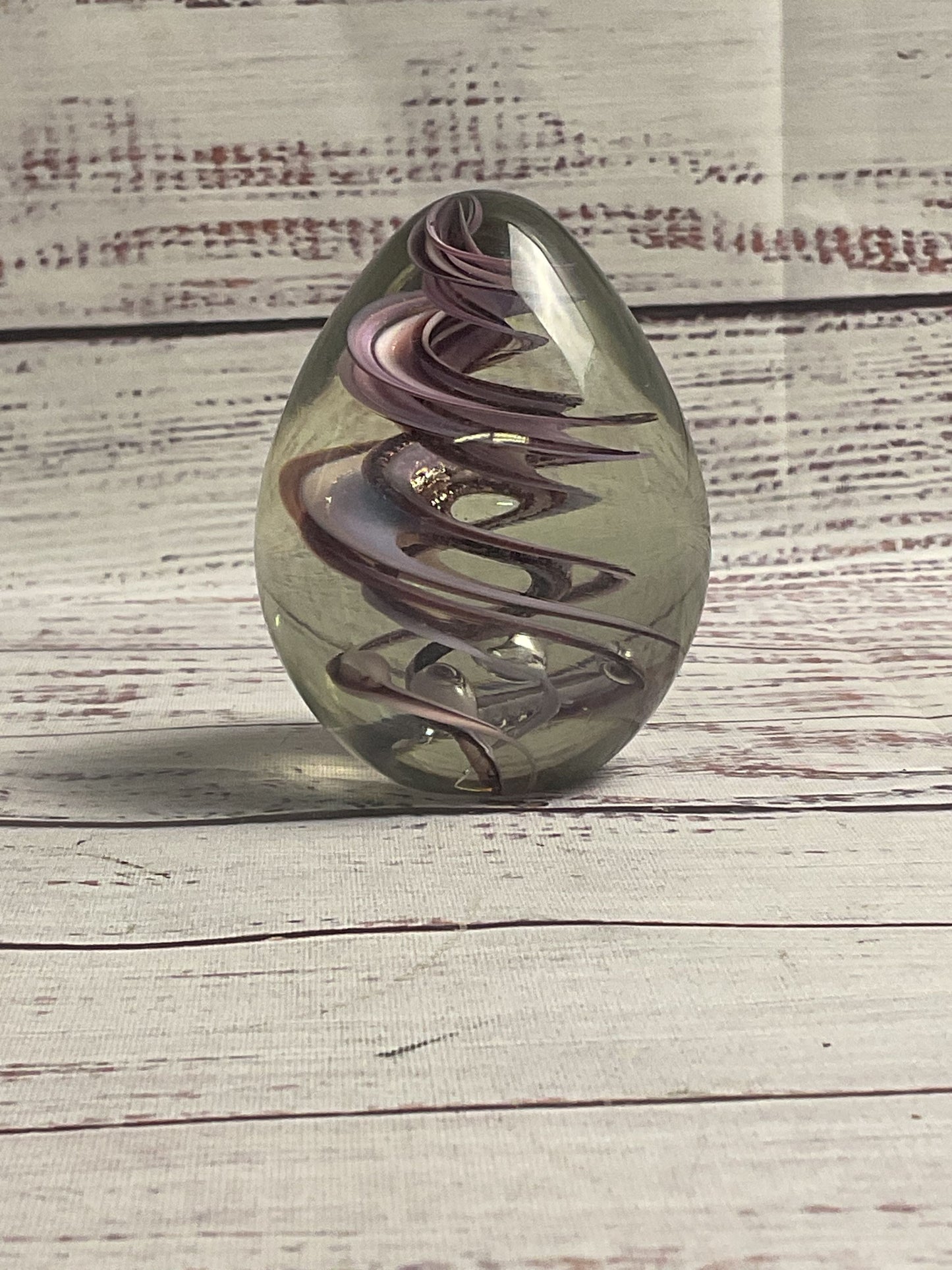 OBG 1990 Signed Glass Egg Purple Spiral Paperweight