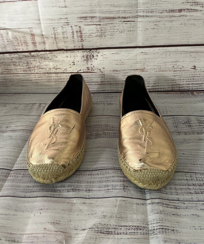 Saint Laurent Logo Metallic espadrilles Color Rose Metal Blush AS IS Retail $750