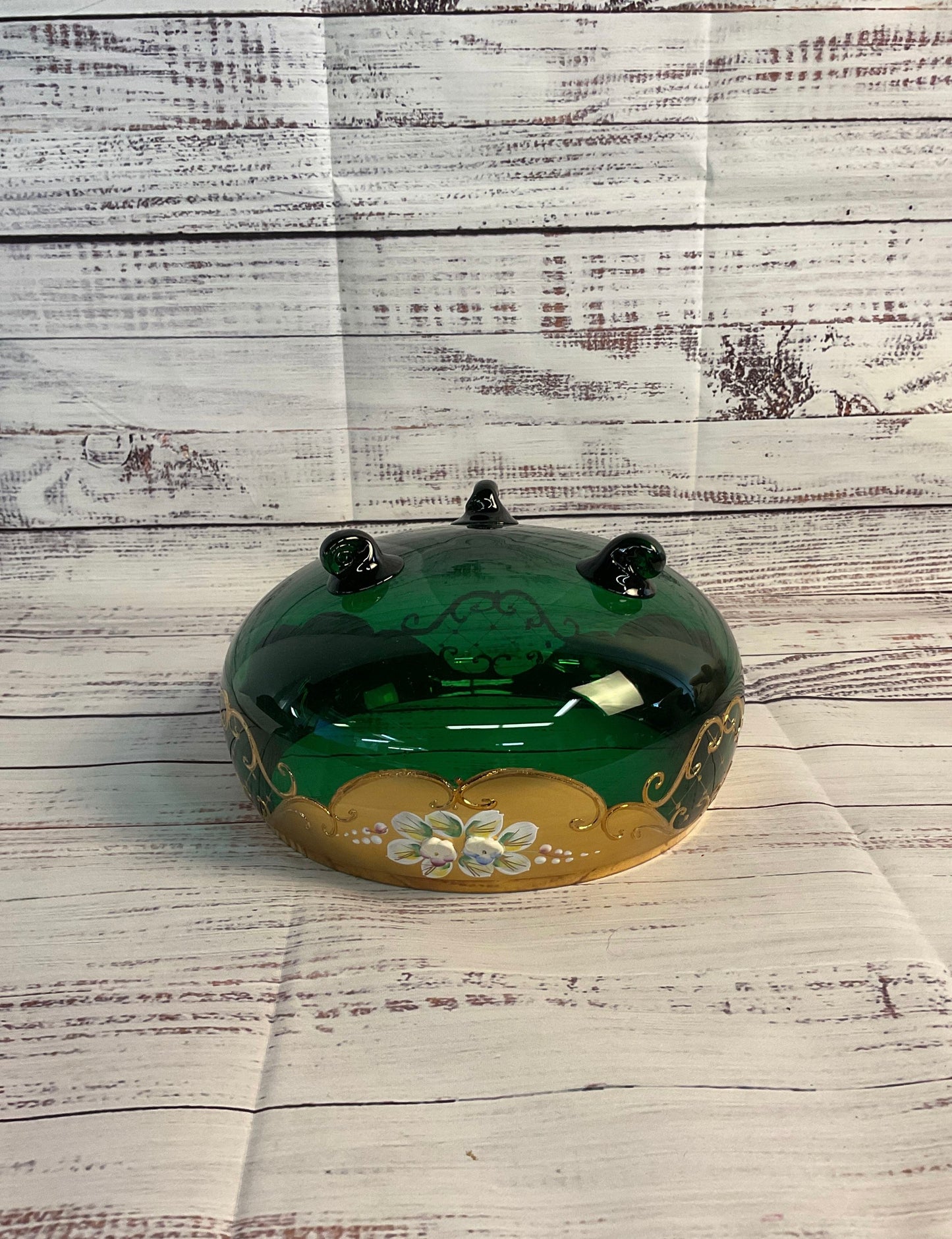 Gold Bohemia Czech Republic Green Glass Bowl