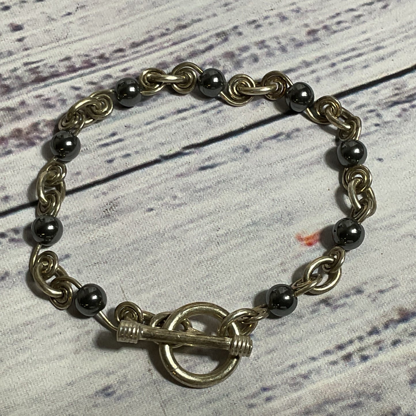 Sterling Silver & Hematite Beaded 7.5" Bracelet- 15.0g