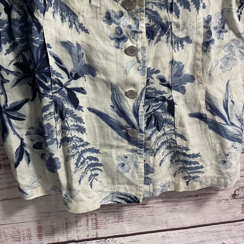 Kenzo Jeans Blue/White Floral Button Up Short Sleeve Blouse - Size 8