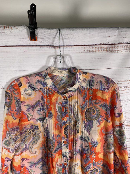 ETRO Women's Multicolor Paisley Pattern Orange Button Up Blouse Silk Size 40