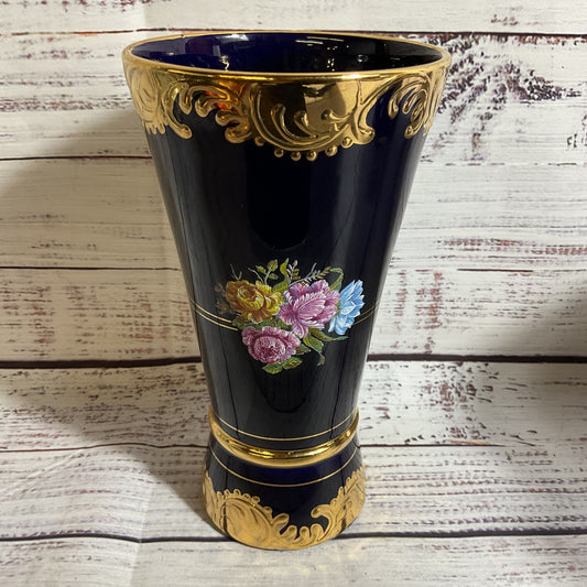 SPYROPOULOS Cobalt Blue 24K Gold Floral Porcelain Vase- 7"