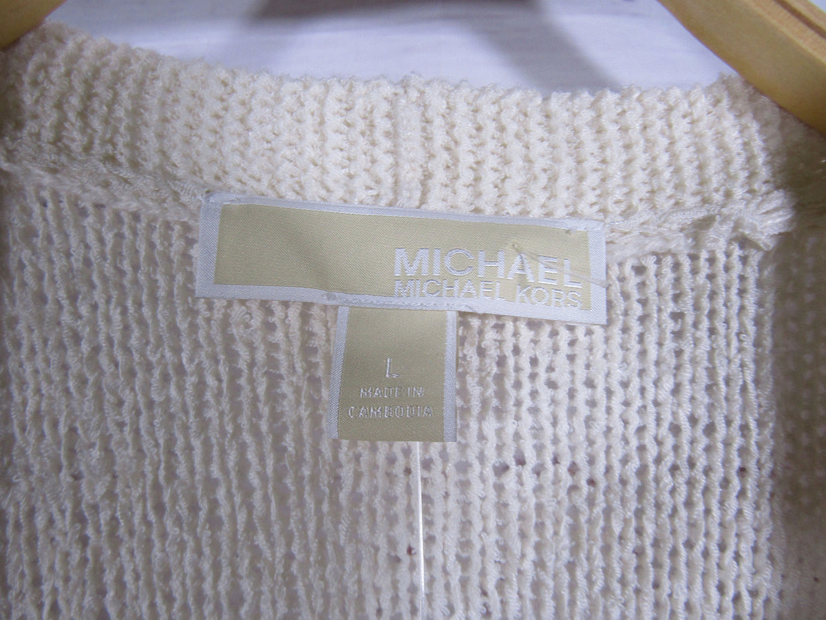 Michael Kors Women's Cream Crochet Knit Open Fringe Cardigan Sweater Size L
