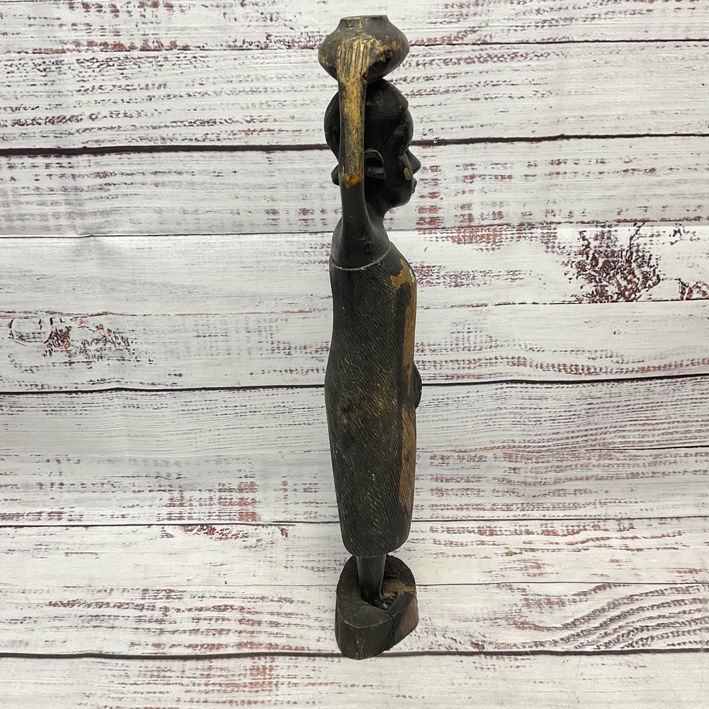 Hand Carved Kenyan Woman Carrying Pot On Head Statue Sculpture