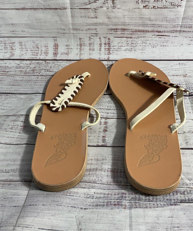 Ancient Greek Sandals Women's Brown Leather White Strap Sandals Size 40 EU 10 US