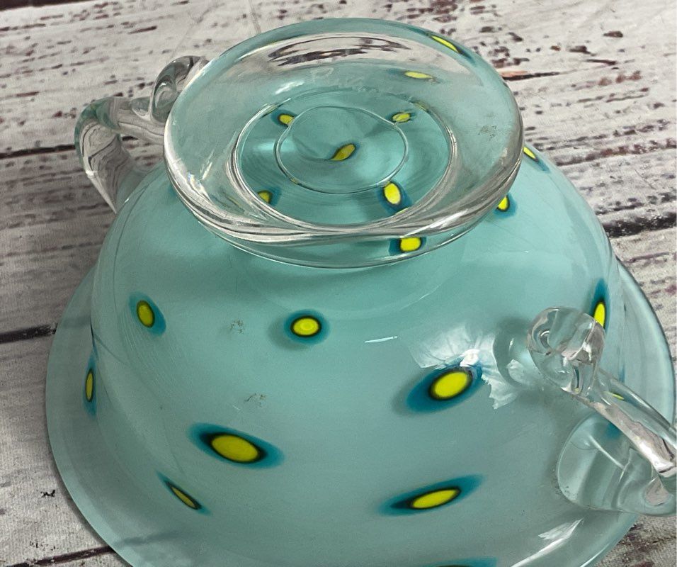 Modern Signed Hand-Blown Art Glass Double-Handled Small Bowl Blue