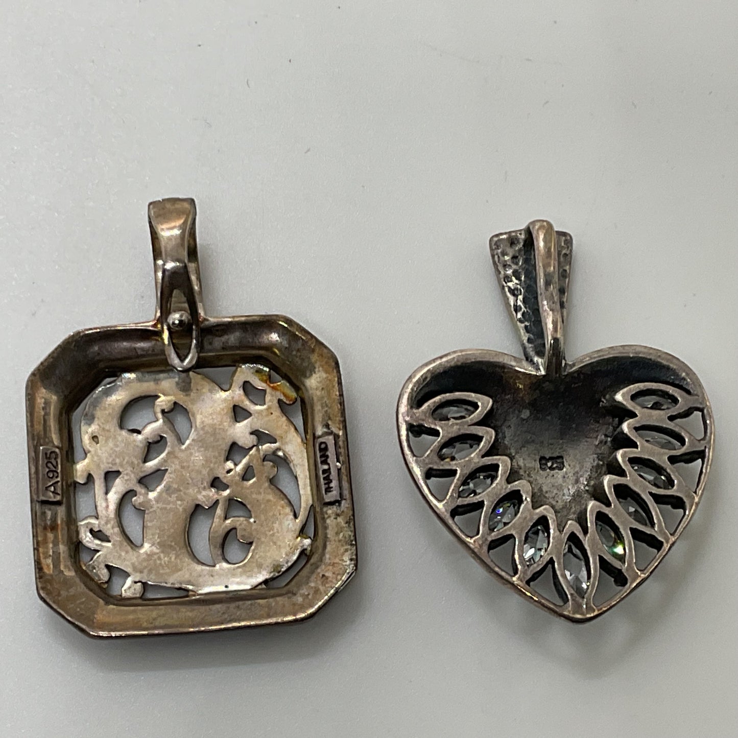Set of 2 VTG. Sterling Silver Marcasite Rhinestone Art Deco Pendants- 14.20g