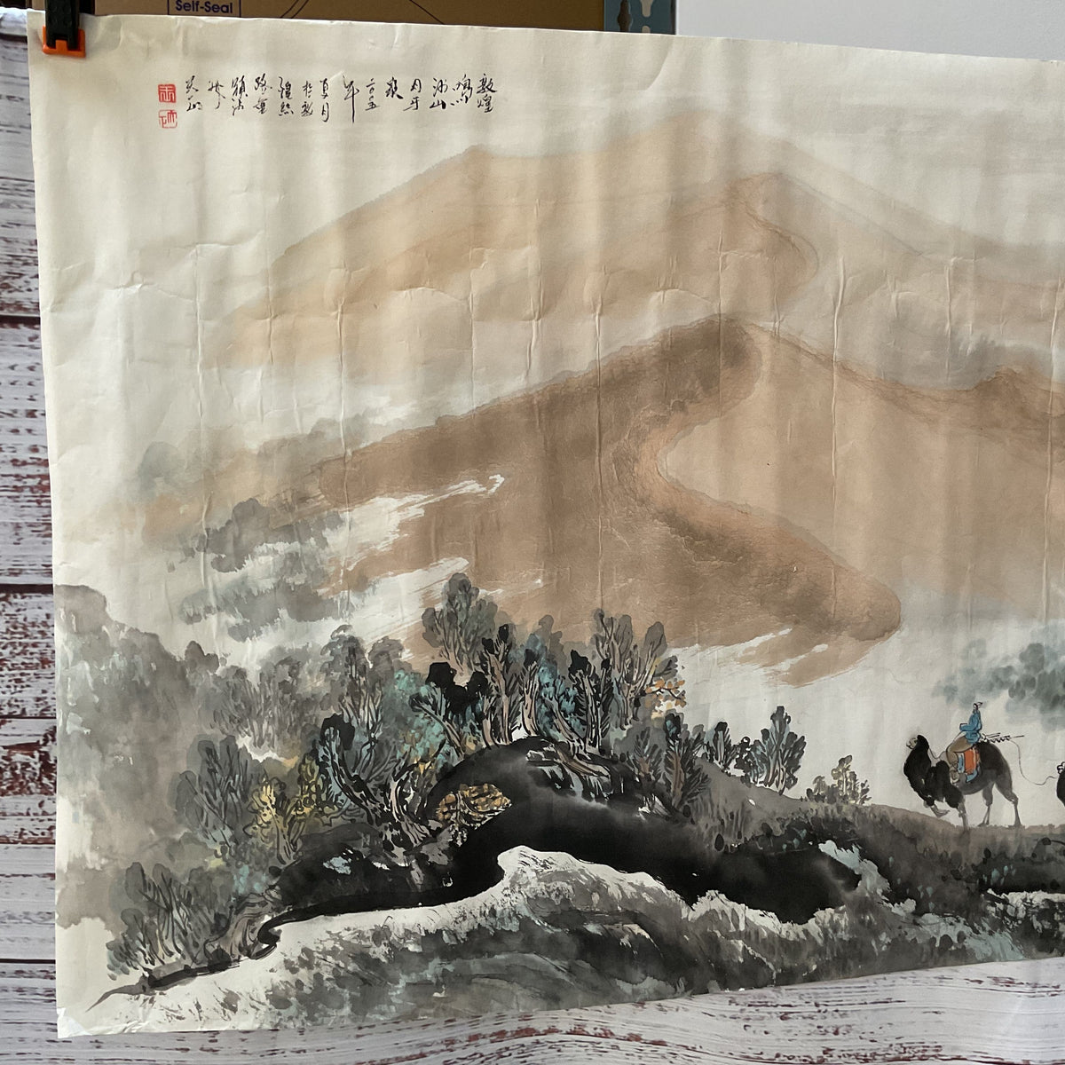 VTG/ANTIQUE Chinese Mingsha Mountain & Crescent Lake Ink & Color Painting- 48.5"