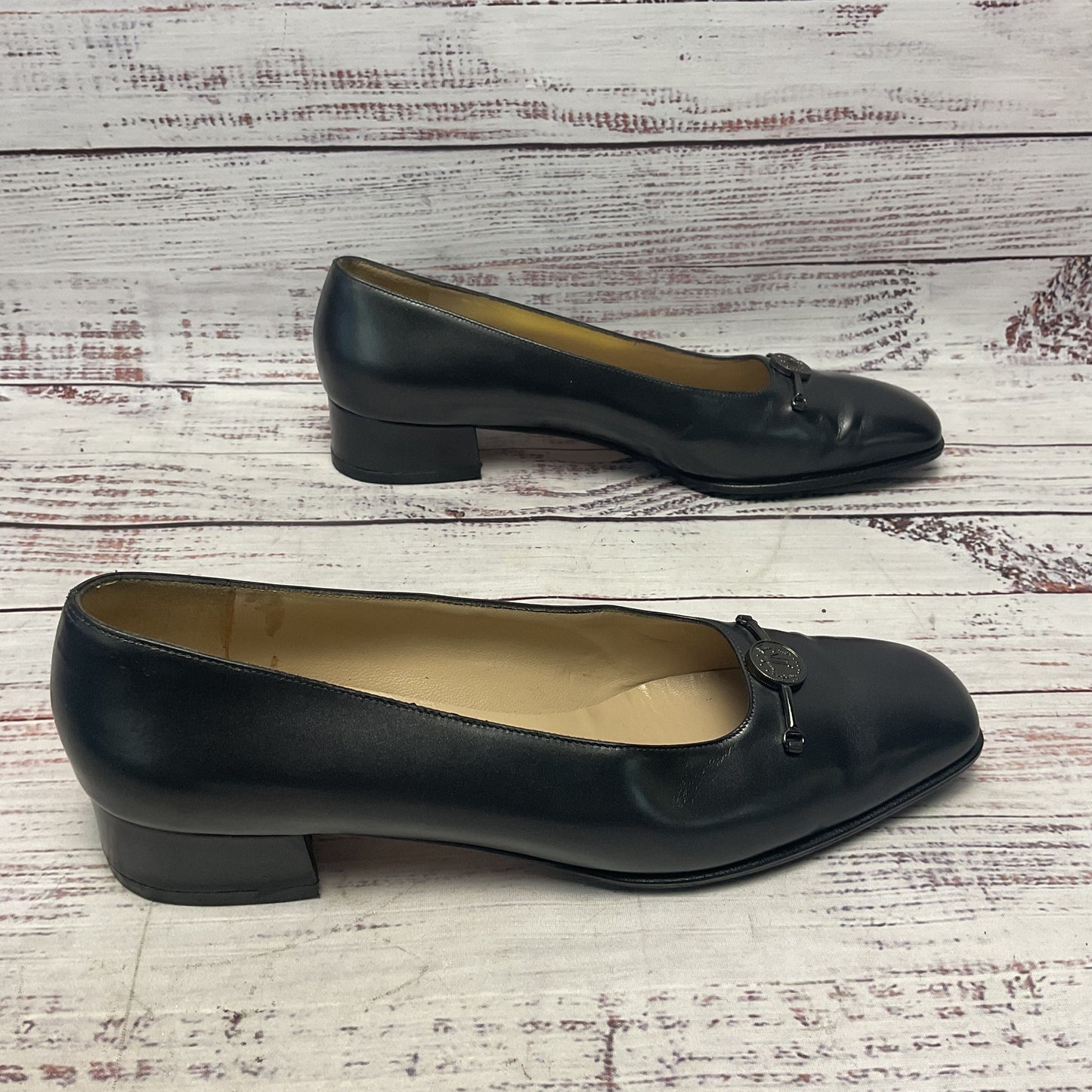 Salvatore Ferragamo Graphite Metallic Leather Block Heel Women Size 7