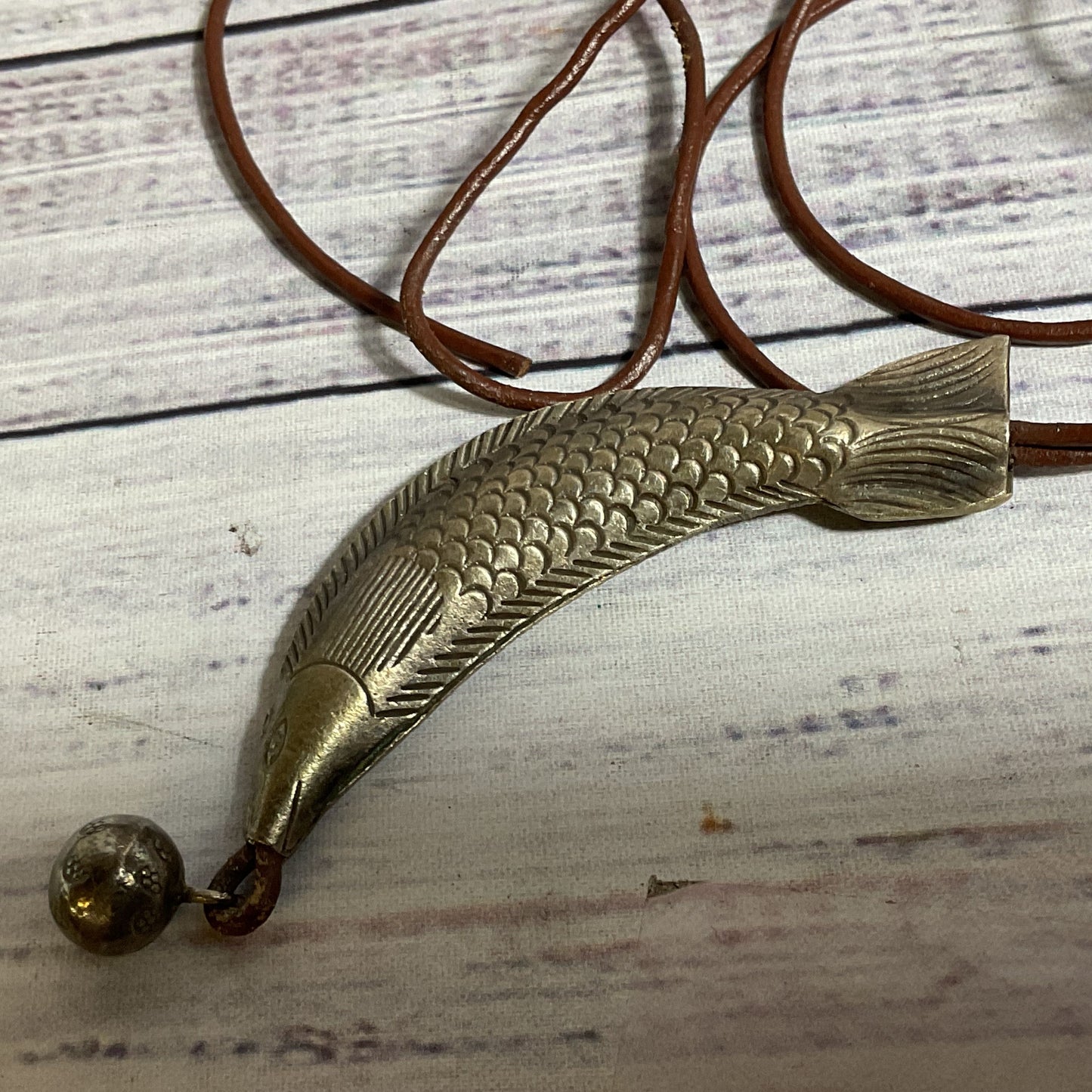 Sterling Silver 3.75" Fish Pendant Leather Cord Necklace- 18.62