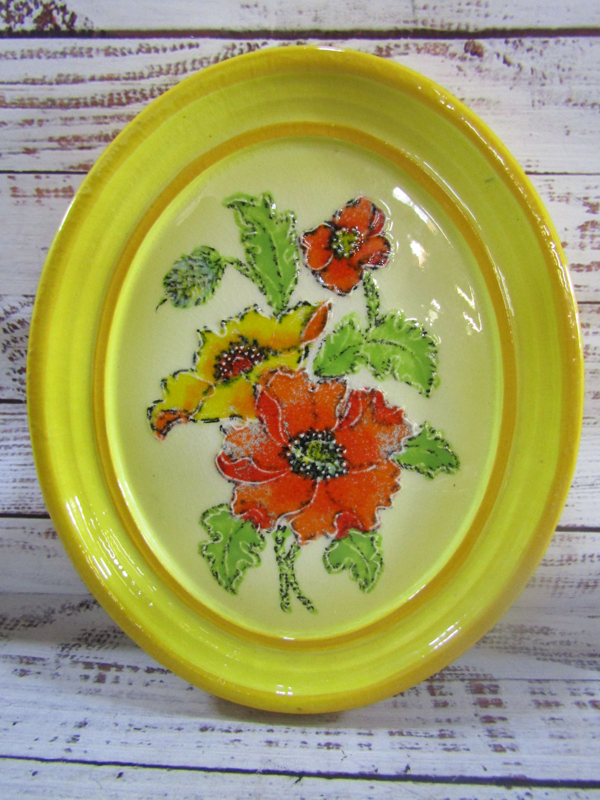 Vintage 1960's Vee Jackson Yellow Floral Hand Painted Ceramic Wall Art