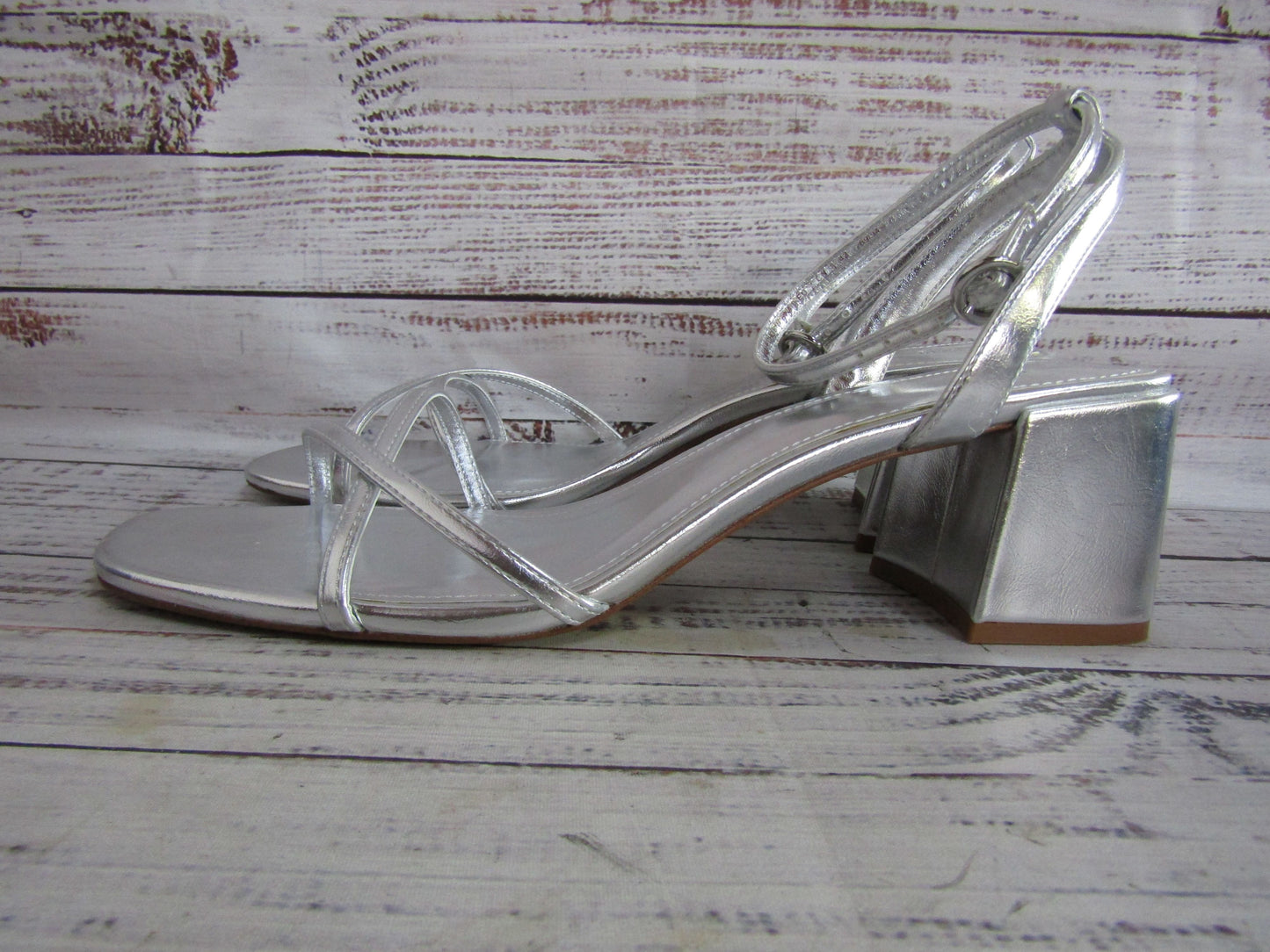 Mango Women's Silver Leather Ankle Strap Sandals Size 12
