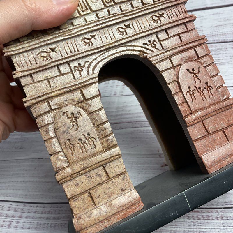 Handmade Indian Soapstone Arc De Triomph 7" Model On Black Stand