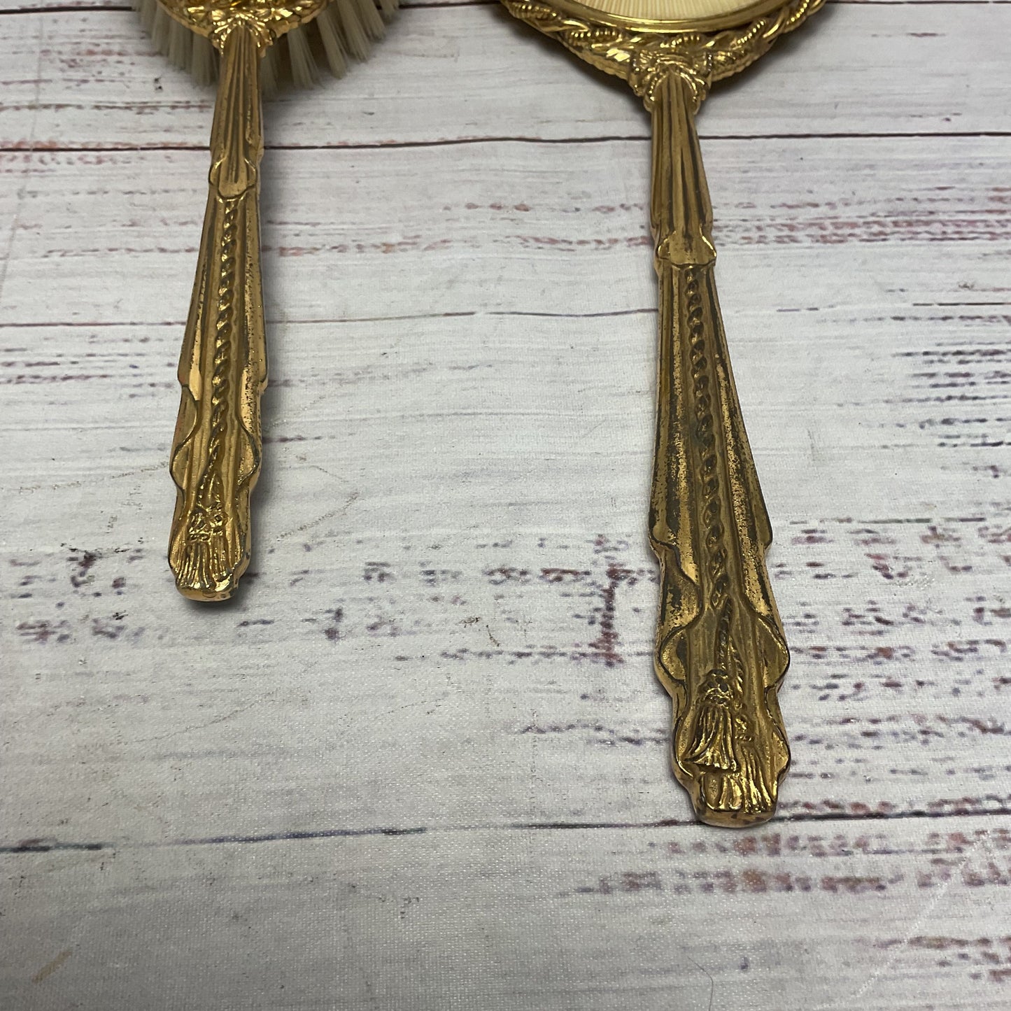 Brass Gold Tone Brush Mirror And Brush Combo Wood Metal Vanity Set