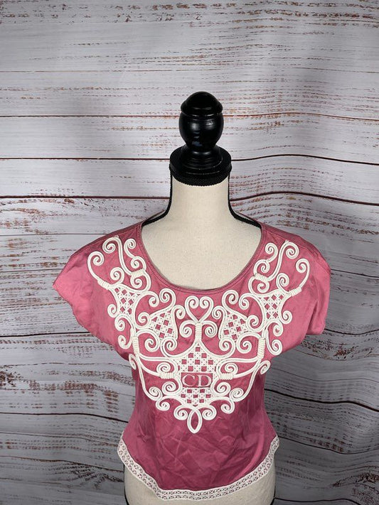 Christian Dior Women's Pink With White Embroidered Top Size 9 Cotton