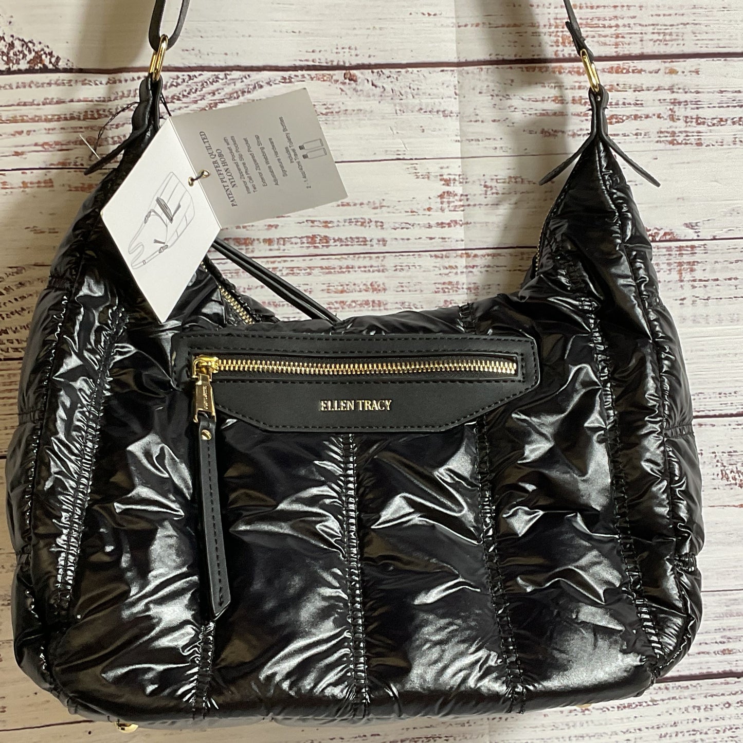NWT ELLEN TRACY The Teagan Black Patent Puffer Quilted Nylon Hobo Crossbody