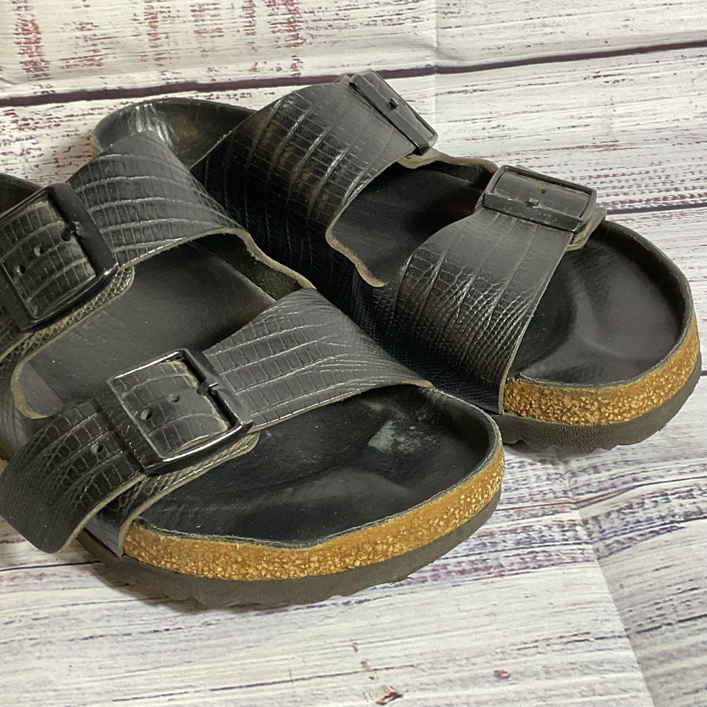 BIRKENSTOCK Arizona BS Unisex Black Faux Snake Slide Sandals- SZ 4M/6W