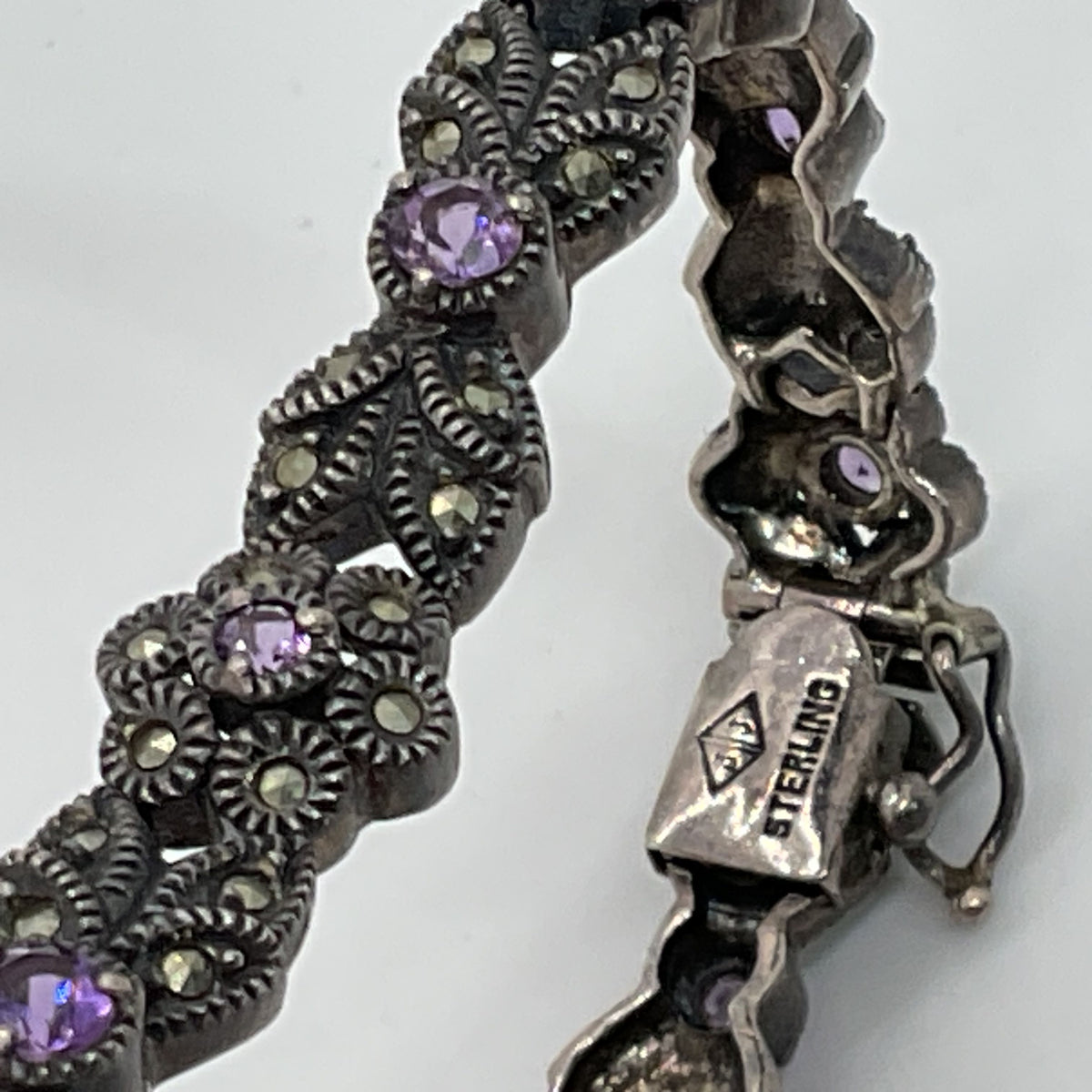 VTG. JUDITH JACK Sterling Silver Amethyst and Marcasite Link 8" Bracelet- 22.51g