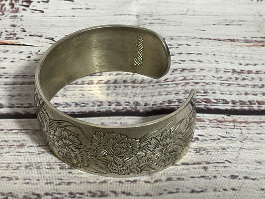 KIRK STIEFF Birth Month "Carnation" Flower Pewter Cuff Bracelet