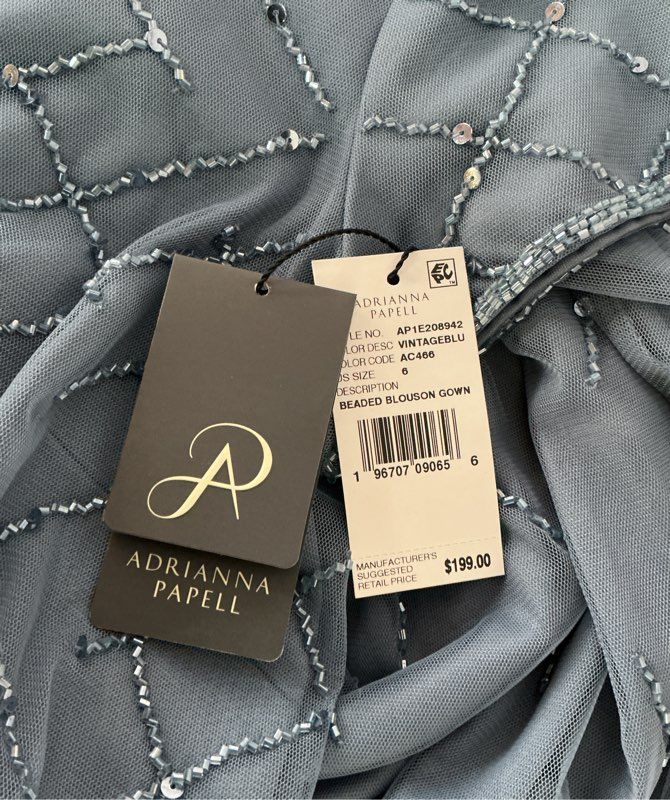 NWT Adrianna Papell Beaded Blouson Gown in Vintage Blue Size 6 Retail $199