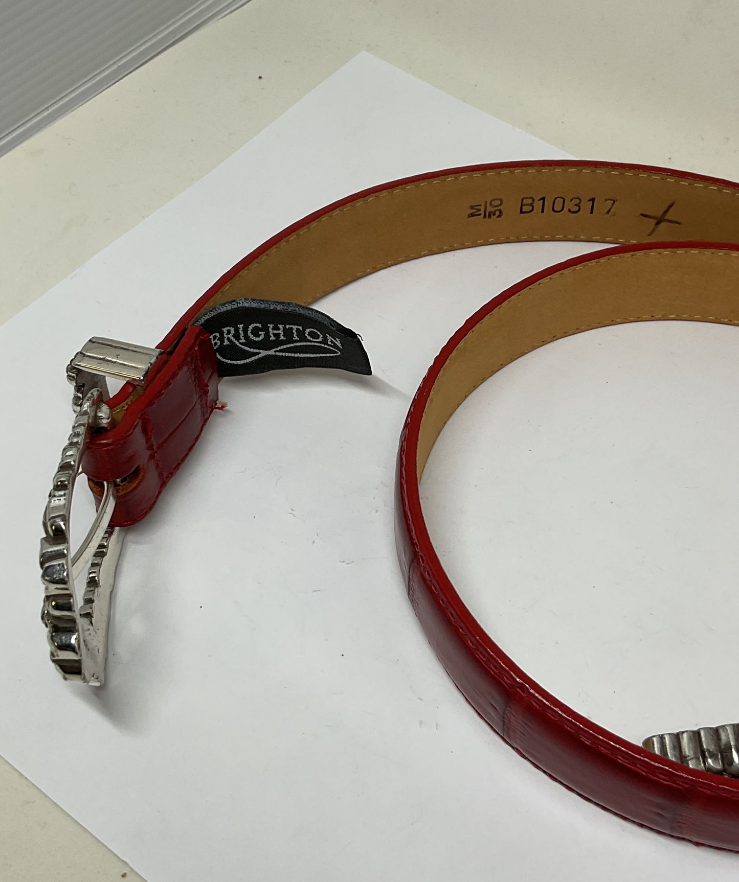 Brighton Red Embossed Leather Silver Tone Buckle Belt - Size M