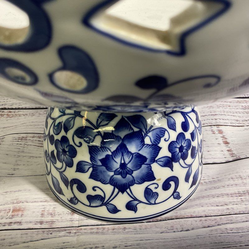 VTG. BOMBAY Blue White Pierced Pedestal Bowl- 8" x 11"