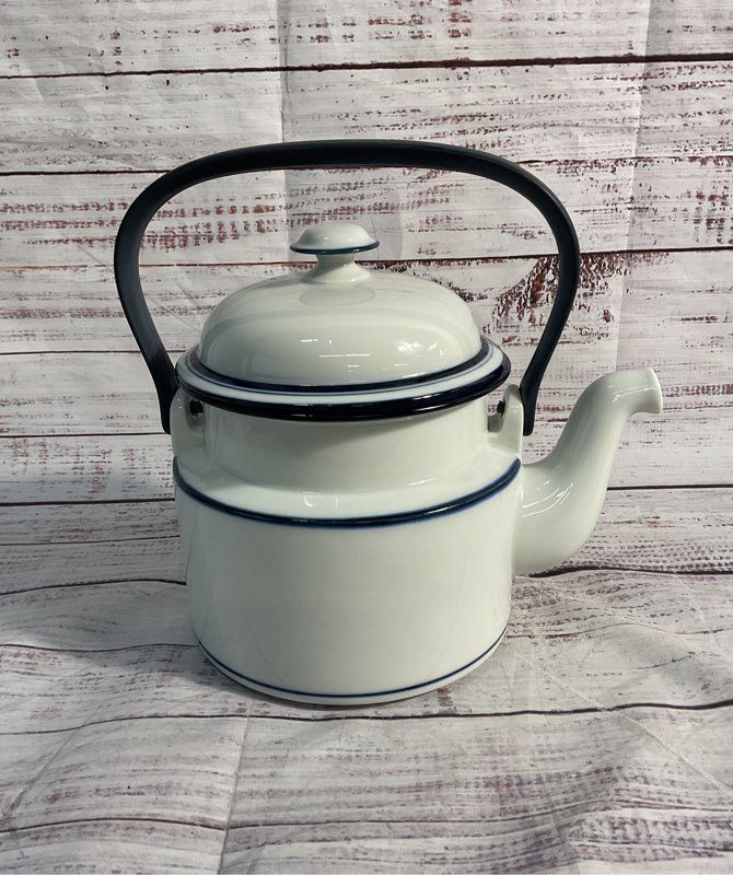 Vintage Dansk White & Blue Striped Bistro Tea Pot Japan With Handle 7.5"