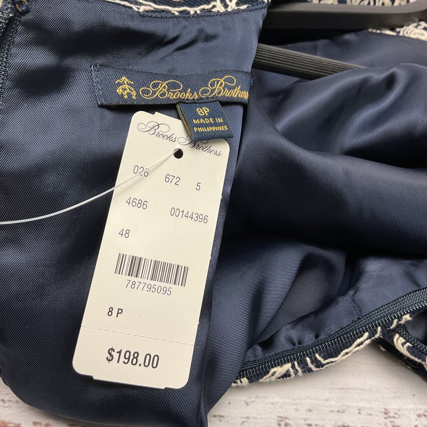 Brooks Bros Navy Blue Emboidered Sleeveless Dress - Size 8P Petite New