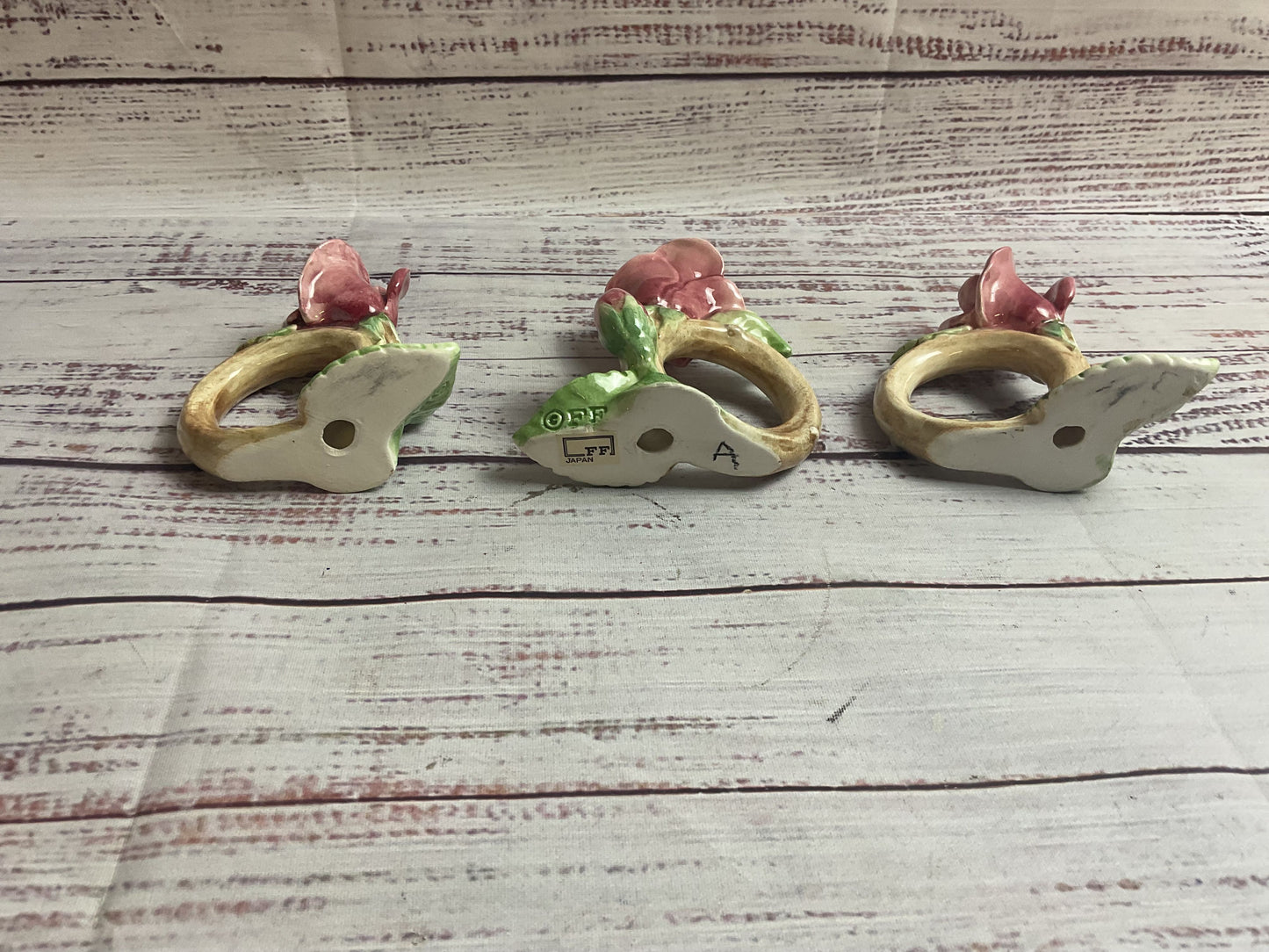 Set Of 3 FF Japan Ceramic Rose Napkin Rings