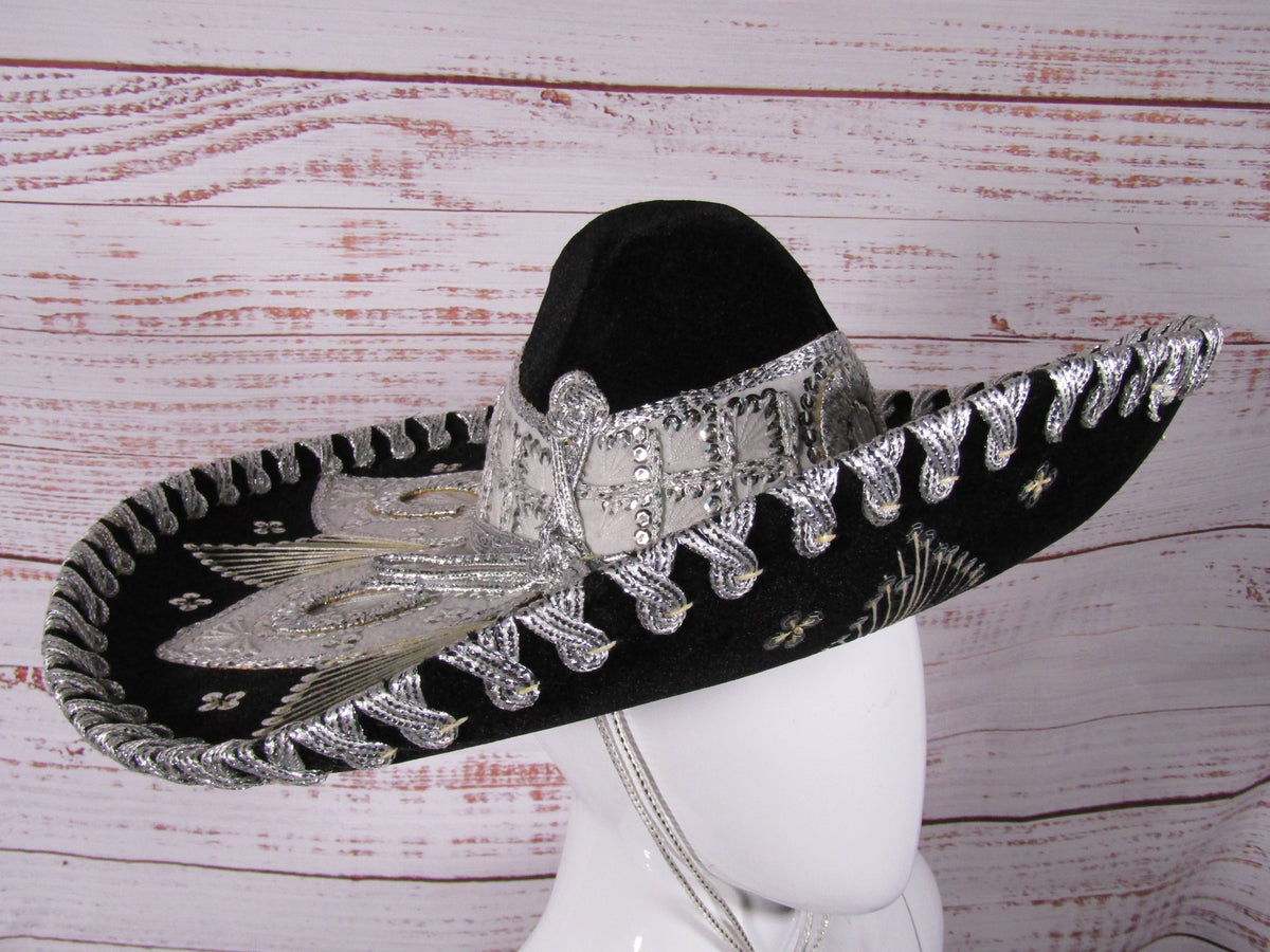 Ju-La Men's Black & Silver Ornate Charro Sombrero Hat Size S